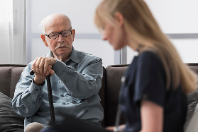 Starszy mężczyzna oparty o laskę rozmawia z młodą panią doktor.