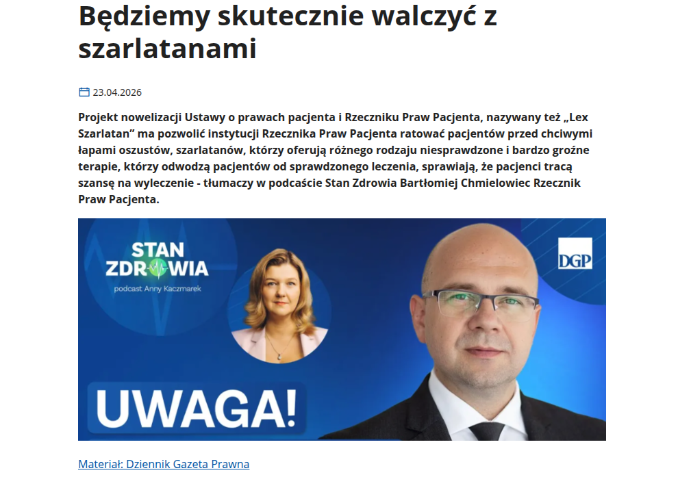 Bartłomiej Chmielowiec, Rzecznik Praw Pacjenta, na grafice podcastu „Stan Zdrowia” Dziennika Gazety Prawnej
